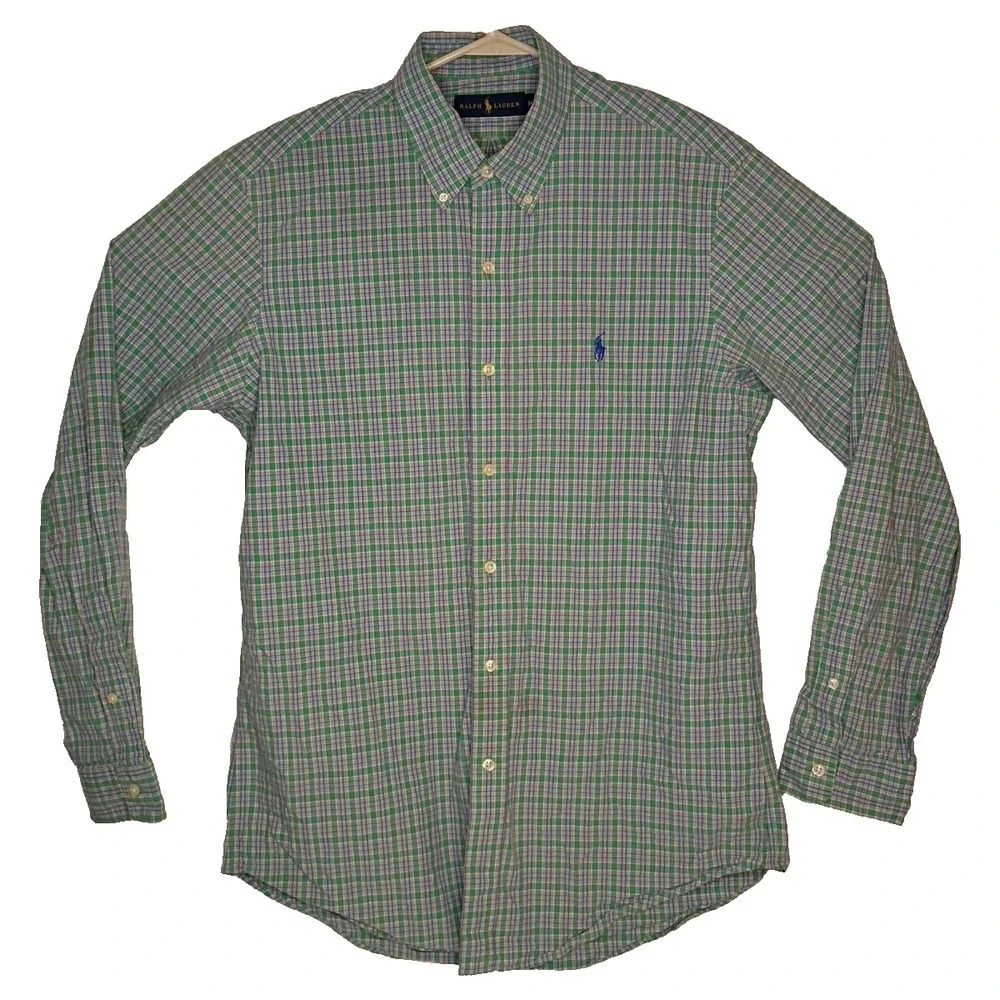 Polo Ralph Lauren Shirt Men Medium Green Pink Plaid Button Down Long Sleeve Pony
